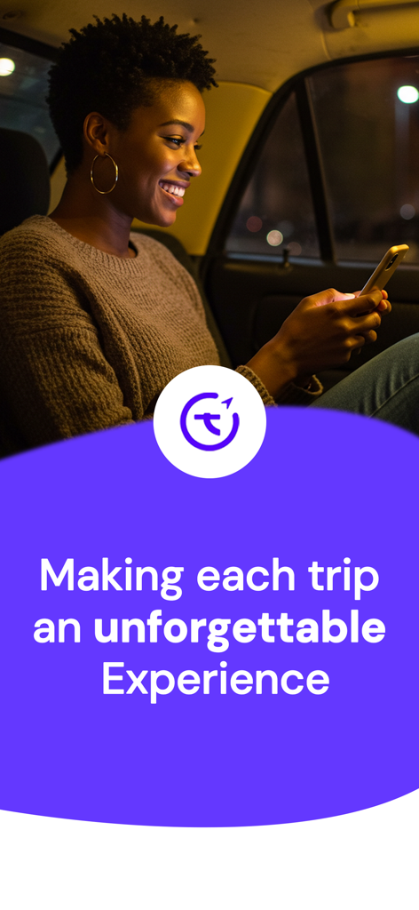 TripPicker:Web3 Mobility - A woman smiling while using her phone in the back of a car with the TripPicker logo and slogan