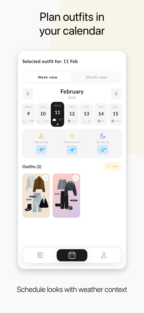 Outfitly: Closet Studio - A mobile interface of the Outfitly app showing a calendar to plan outfits with daily weather temperature forecasts