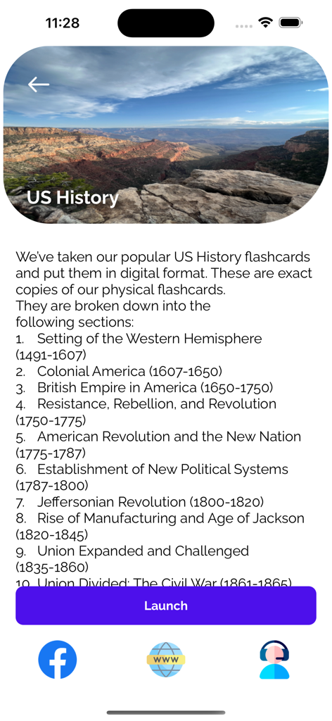 ArchAngel Test Preparation - Pantalla móvil que muestra secciones de estudio de historia de EE. UU. y temas de tarjetas de memoria en la aplicación ArchAngel Test Prep