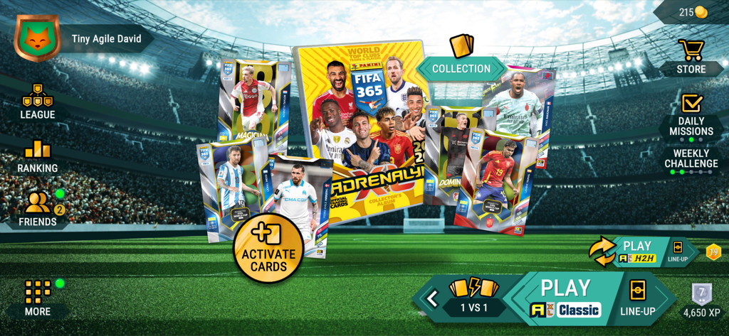 Home screen of Panini FIFA 365 AdrenalynXL mobile app showing soccer player trading cards and game menu options