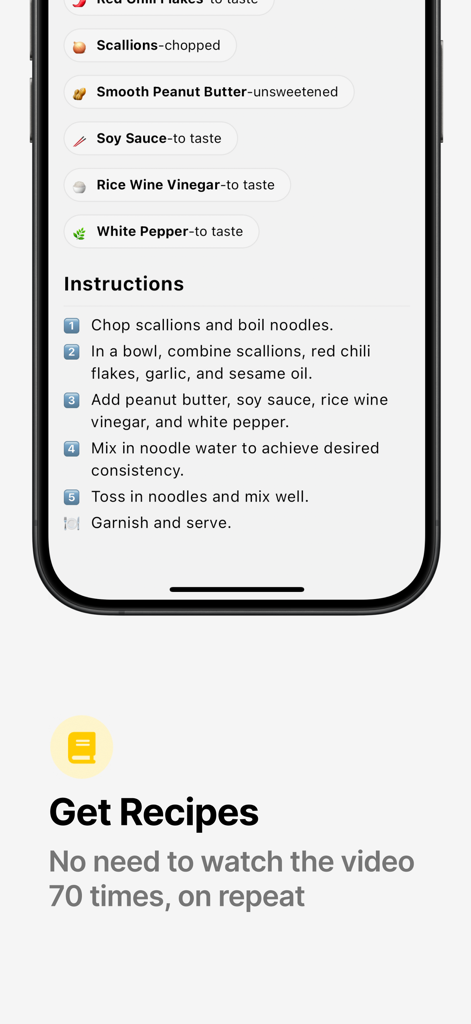 A smartphone display showing a cooking recipe with organized ingredient lists and numbered instructions within the Albo app.