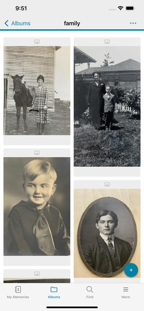 Screenshot of the FamilySearch Memories app showing a collection of historical black and white family photos in an album
