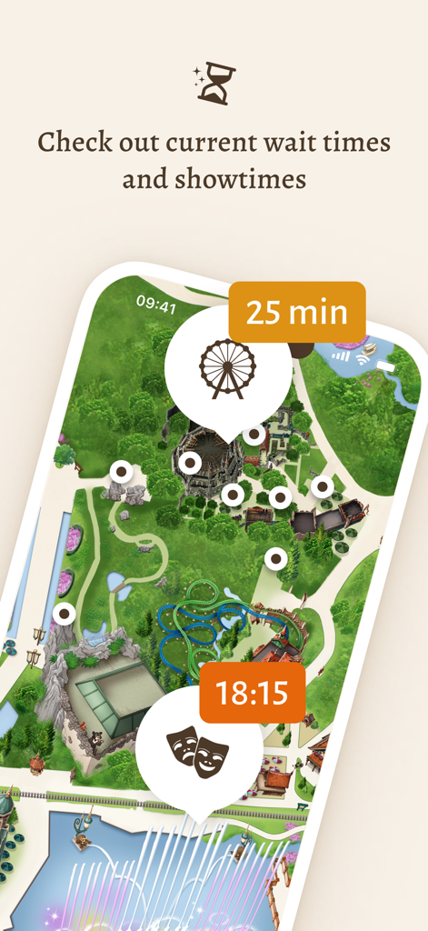 Mapa interactivo de la aplicación Efteling que muestra los tiempos de espera del parque temático y los horarios de los espectáculos