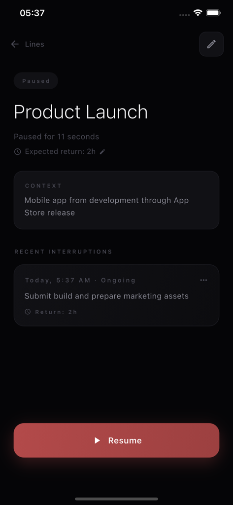 A mobile interface of the Pause Marker app showing a paused Product Launch project with a resume button and interruption context.