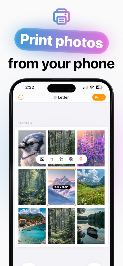 Photo Printer - Print to Size - Pantalla de smartphone que muestra la interfaz de la aplicación Impresora de Fotos con varias fotos organizadas en una hoja tamaño carta para imprimir.