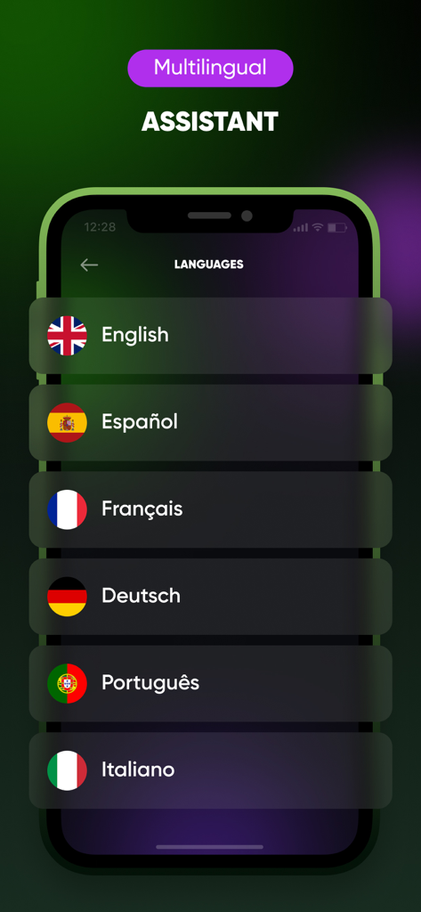 Chat Genius- Ask AI ChatBot - Chat Genius AIアシスタントの英語、スペイン語、フランス語などの言語選択オプションを表示するスマートフォンの画面