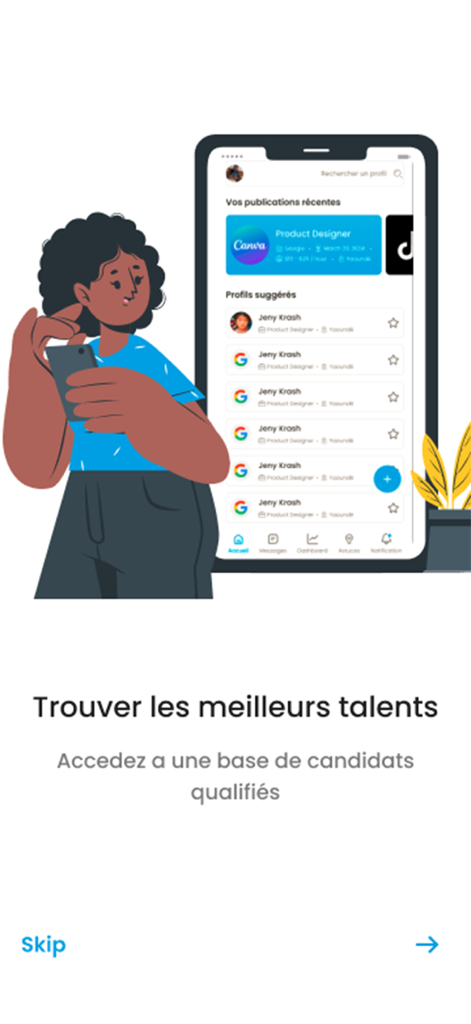 YoupiJob - Job seeking - Écran d'intégration de l'application YoupiJob montrant une interface mobile pour trouver des candidats qualifiés