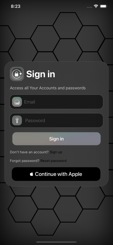 Sign in screen for Passkeep password manager app featuring email fields and Apple login option