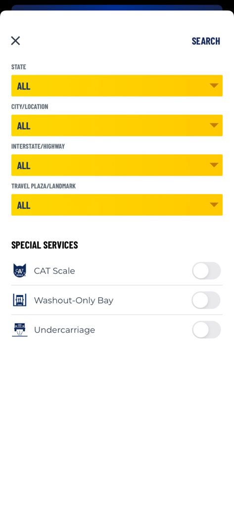 Blue Beacon Truck Wash app search screen with location and special service filters