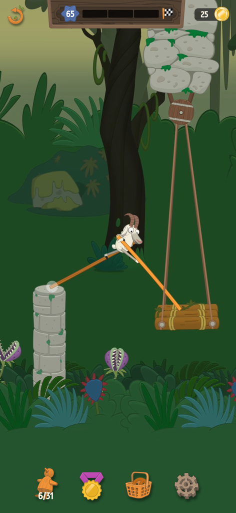 Walk Master - Un peculiar personaje de cabra caminando con zancos por un nivel de bosque en Walk Master.