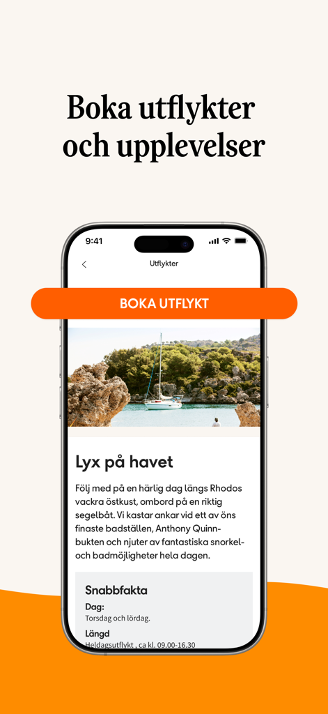 Ving – Allt om dina resor - Ving app interface showing a boat excursion booking page for Rhodes