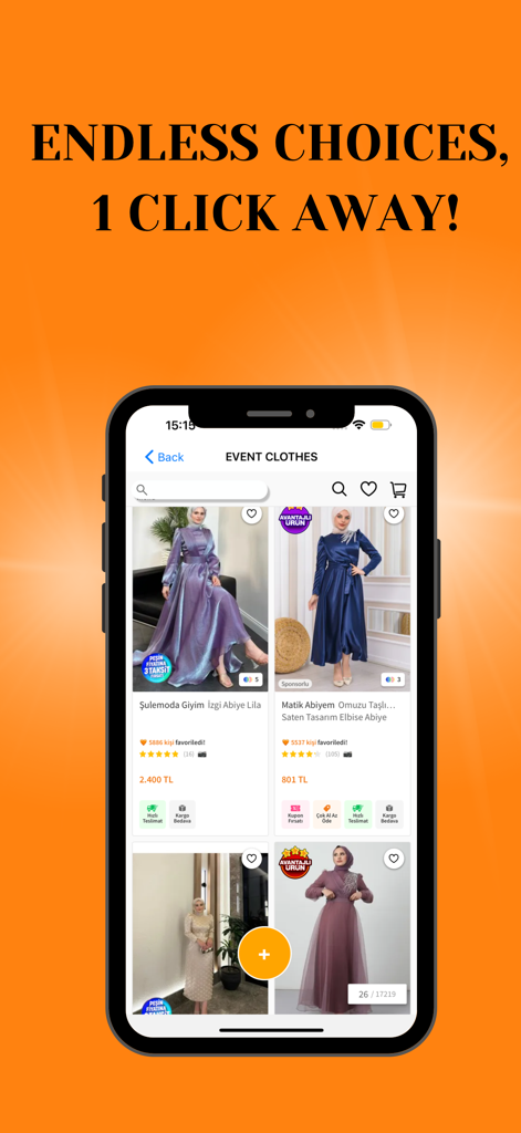 1 Click - To Shop - Screenshot of the 1 Click To Shop app displaying a collection of formal dresses on a mobile device.