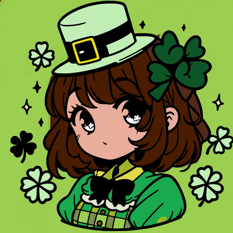 a manga-style girl with clovers around her, a little hat in her hair, like it's saint patrick's day