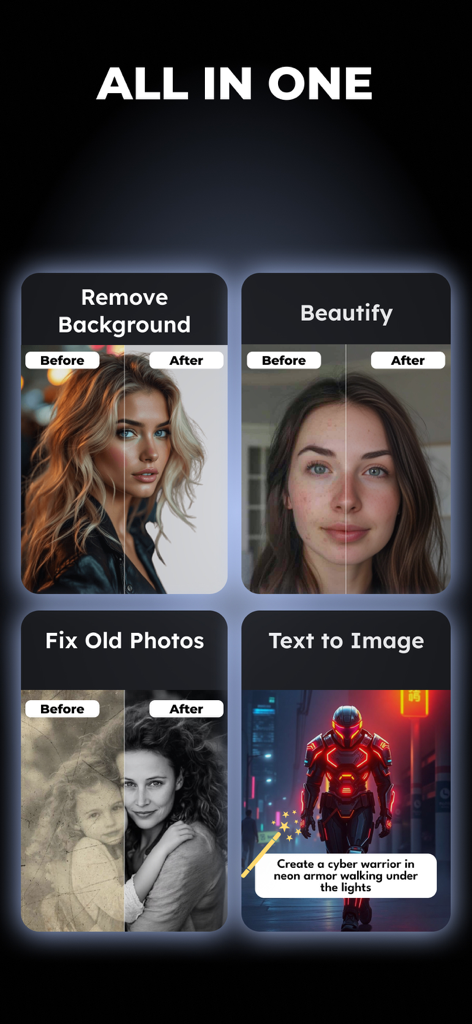FaceAI - AI Photos & Face Swap - A preview of FaceAI app features including background removal, facial beautification, restoration of old photos, and AI text to image generation