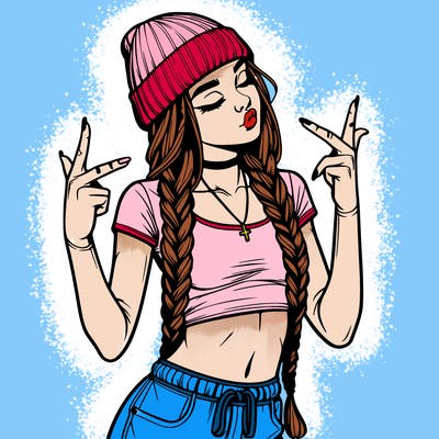 realistic teenage girl with braids and a beanie and crop top doing 🫶🏼