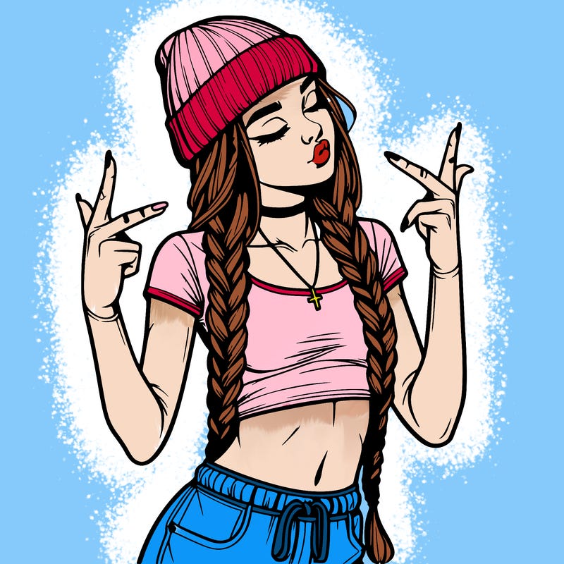 realistic teenage girl with braids and a beanie and crop top doing 🫶🏼