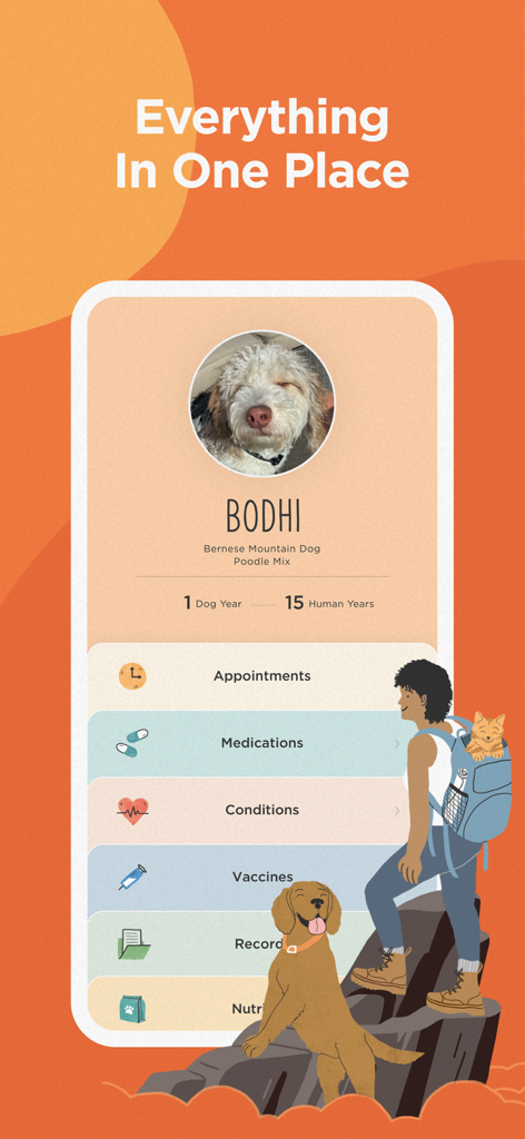 Interface de l'application The Pack by Zoetis montrant un profil d'animal avec des dossiers de santé, des rendez-vous et un suivi des médicaments.