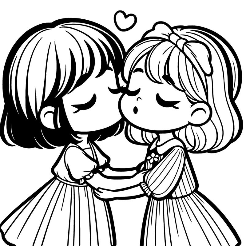 a girl with short hair kissing another girl with long hair and they are both wearing a dress