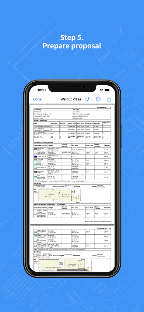 MeasureSquare Mobile - MeasureSquare Mobile app screen displaying a detailed flooring project proposal and measurement summary for a client