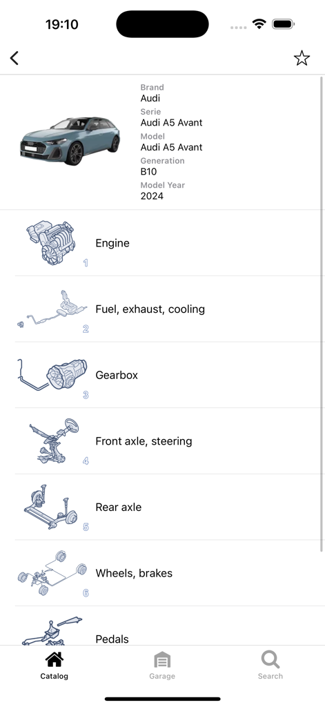 Car parts for Audi - diagrams - Audi A5 parts catalog screen showing categories like engine and gearbox with technical diagrams