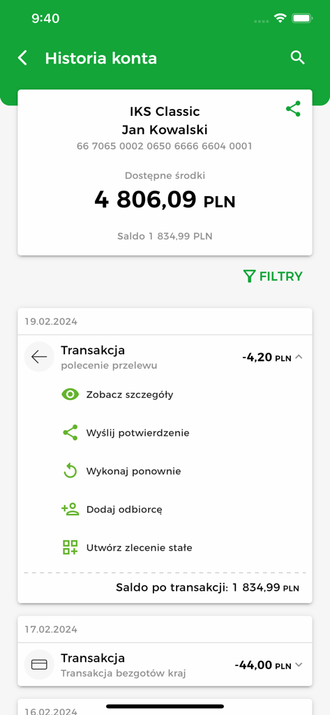 Kasa Stefczyka Online - Interface of Kasa Stefczyka Online app showing account history and current balance in Polish.