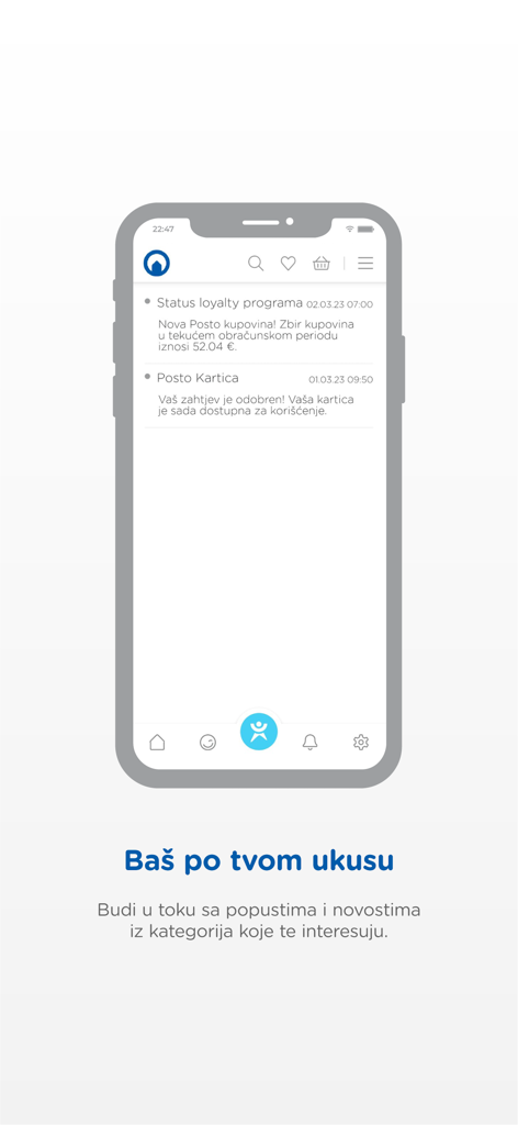 Okov - Smartphone screen displaying Okov app notifications for the Posto loyalty program and personalized shopping updates.