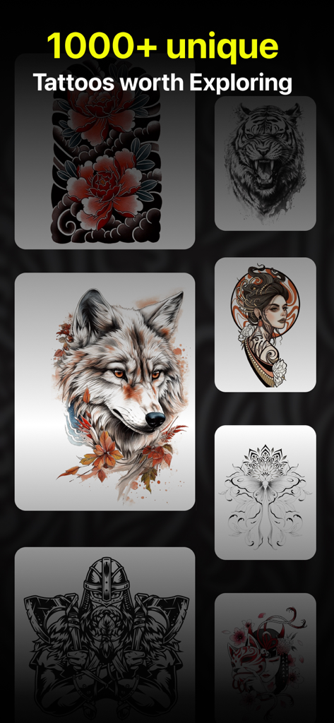 AI Tattoo Generator - AI Ink - A gallery of diverse AI generated tattoo designs including a wolf tiger and floral motifs