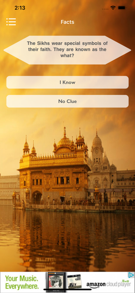 iNitnem Pro - Educational facts and quiz screen in the iNitnem Pro app featuring a question about Sikhism symbols over a Golden Temple background