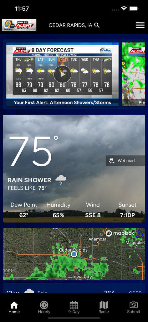 KCRG-TV9 First Alert Weather - KCRG-TV9 First Alert Weather app dashboard showing Cedar Rapids local forecast and radar map