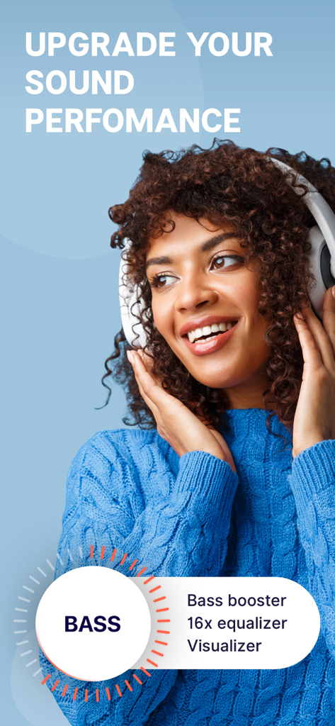 Woman wearing headphones smiling with bass booster and 16x equalizer features