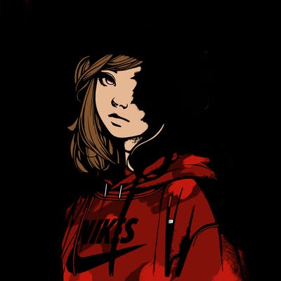 realistic girl wearing a hoodie and a beanie and headphones and nikes