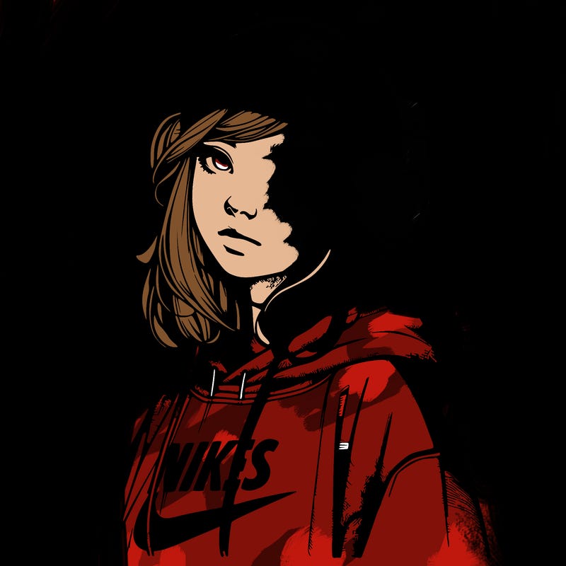 realistic girl wearing a hoodie and a beanie and headphones and nikes