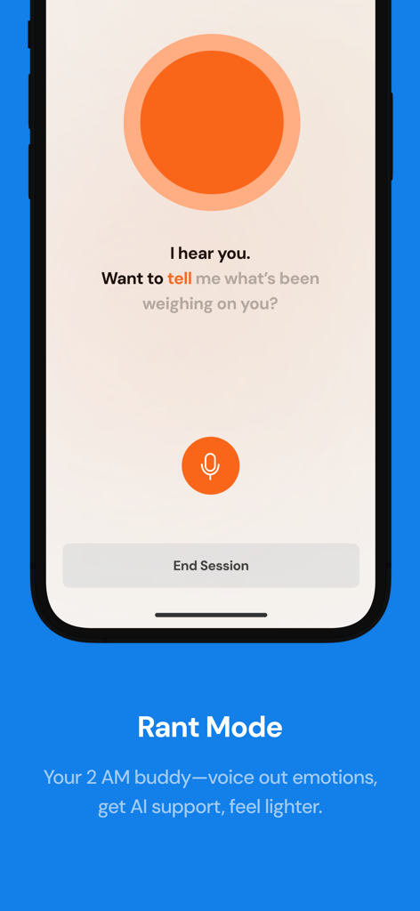 RJ: Selfcare Gratitude Journal - Pantalla de smartphone que muestra la interfaz del Modo Rant de Rocket Journal para diario por voz y soporte de IA.