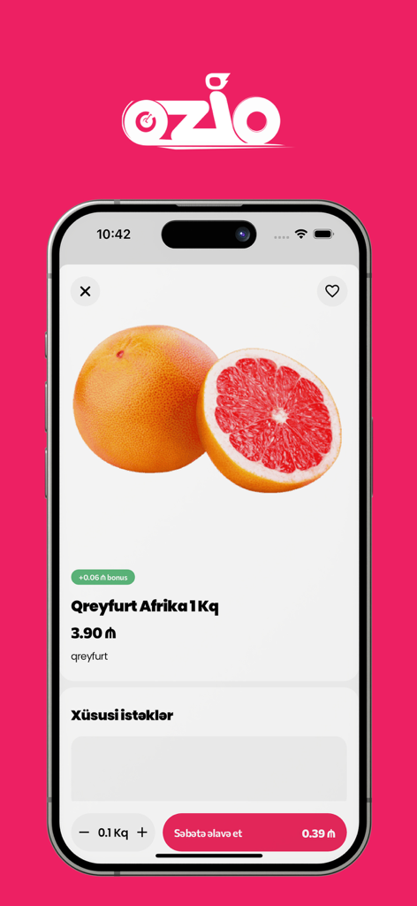 Ozio | Market. Cashback card. - Ozio mobile app showing a product page for fresh grapefruit with price and cashback bonus details.