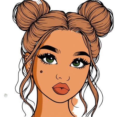 realistic girl with two buns on her hair and lips
