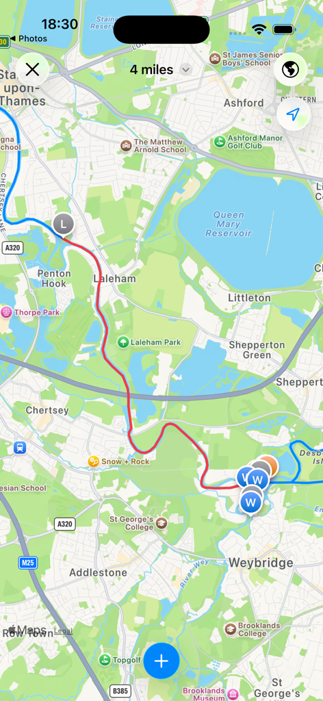 UK Waterways Map App zeigt eine Navigationsroute mit Distanzmessung und Infrastruktursymbolen