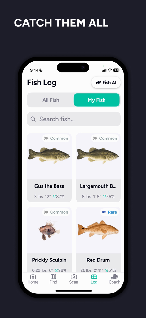 Screenshot of the Fish AI app showing the fish log section with a collection of caught fish and their stats