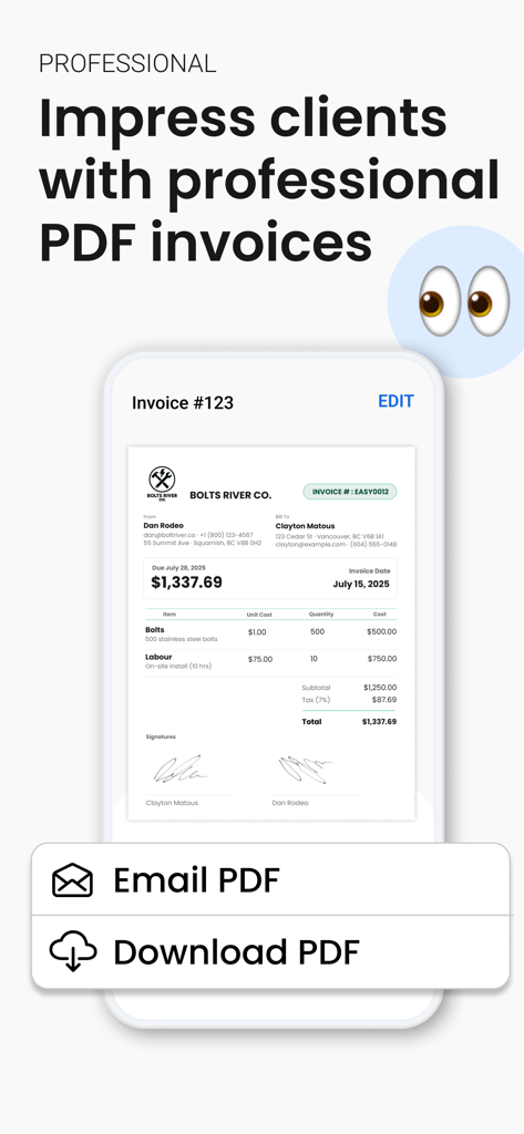 Invoice Maker by Easy Expense - A mobile phone screen showing a professional PDF invoice with options to email or download