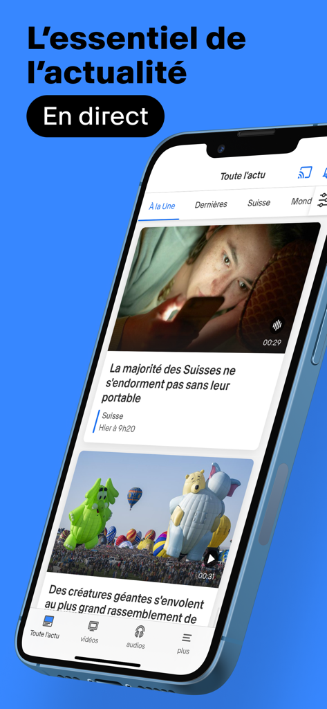 RTS Info : Toute l’actualité - Interface móvel do aplicativo de notícias RTS Info mostrando as principais notícias e atualizações ao vivo em francês.