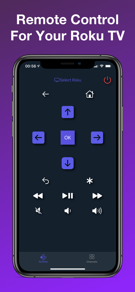 TV Remote Control For Roku - Interfaz de control remoto digital para TV Roku en un dispositivo móvil mostrando botones de navegación y reproducción