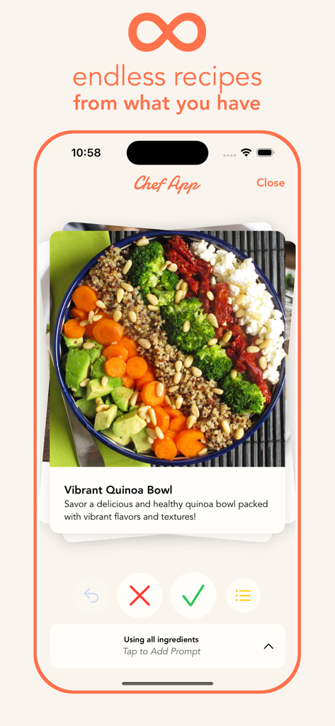 ChefApp - AI Recipe Creator - Interfaz de ChefApp mostrando una receta generada por IA de un tazón de quinua vibrante con controles deslizantes para la planificación de comidas.