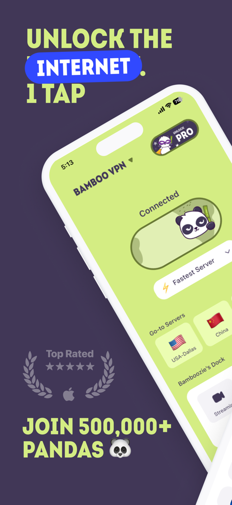 BambooVPN - Secure VPN Proxy - BambooVPN mobile app interface showing one tap connection and server list