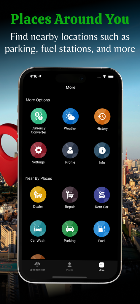 GPS Speedometer app screen showing options to find nearby parking and fuel stations