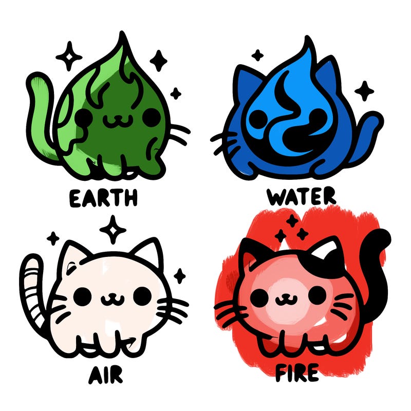 4 cats that represent the different elements, earth, water, air, and fire