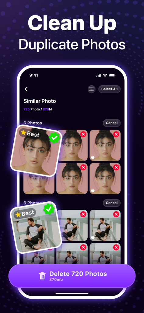 Magic Album-Storage Cleaner - Magic Album 앱 인터페이스가 AI 기반 중복 사진 정리 및 저장 공간 최적화를 보여줌