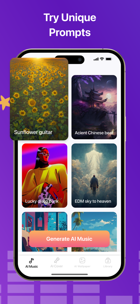 Interface do aplicativo AI Music Generator mostrando vários prompts de texto criativos para gerar batidas livres de royalties