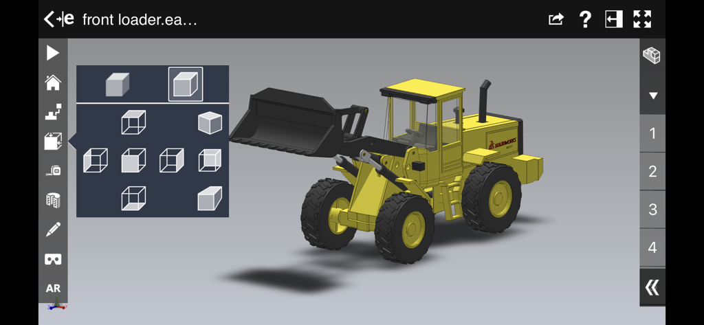 eDrawings app interface displaying a 3D CAD model of a yellow industrial front loader with view selection menu