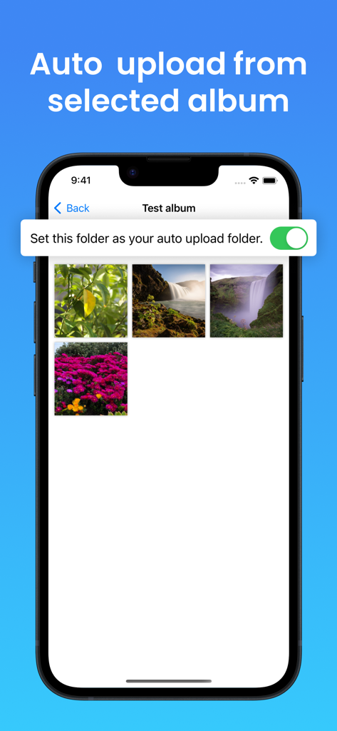 Interfaz de la aplicación Gyazo que muestra la función de subida automática para una carpeta de fotos seleccionada en un smartphone