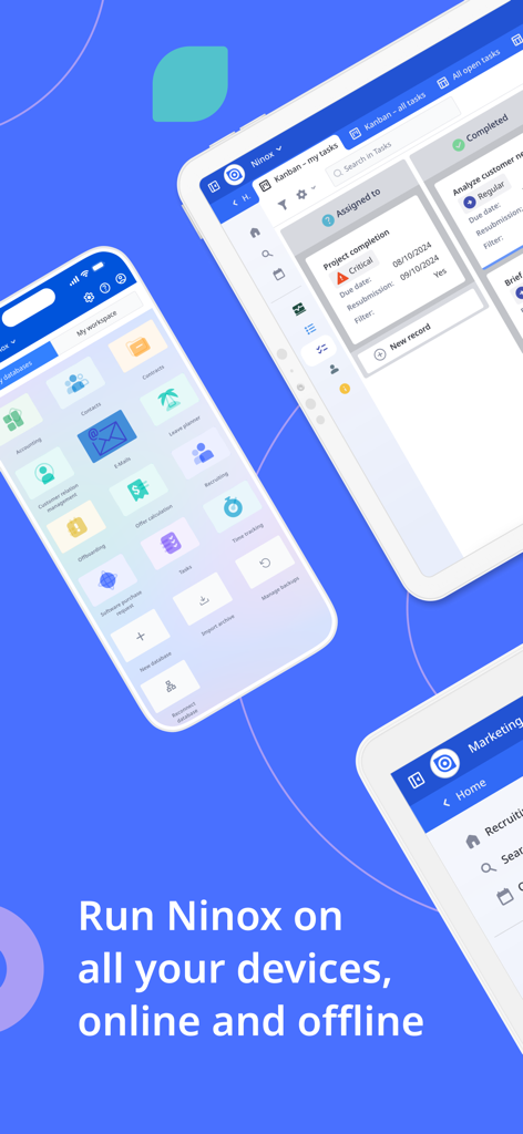Ninox No-Code-Datenbank-App-Oberfläche, angezeigt auf einem iPhone und iPad, die geräteübergreifende Synchronisierung für das Geschäftsmanagement zeigt