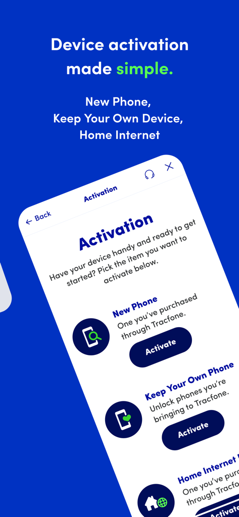 Tracfone Wireless My Account - Tracfone app screen for device activation with options for new phone, keep your own phone, and home internet.